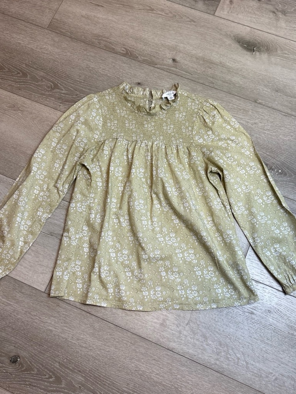 J. Crew Girls' Olive Floral Ruffle Yoke Long-Sleeve Top